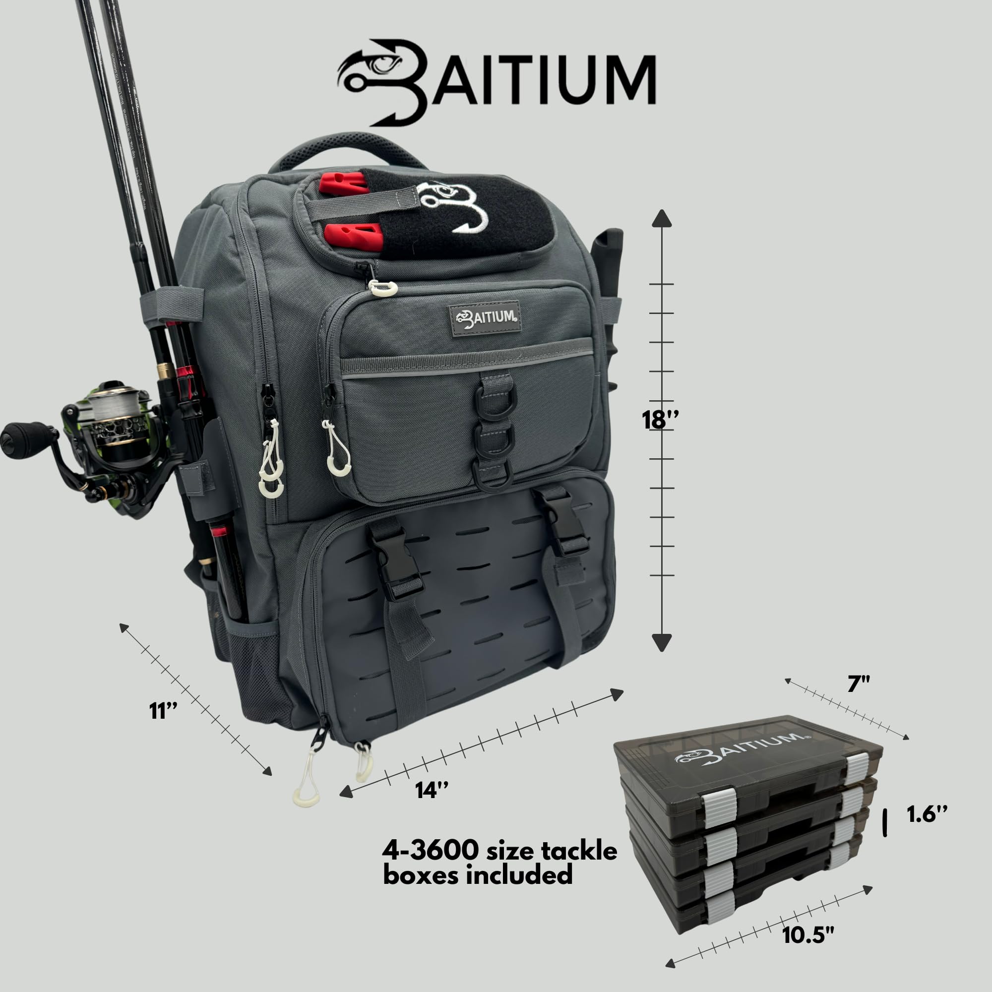 Baitium Sac à dos de pêche avec supports de canne, capacité de 40 l avec glacière, housse de pluie, poche isotherme, 4 plateaux de pêche inclus