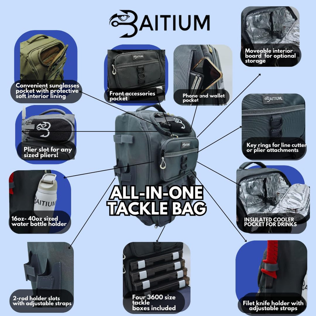 Baitium Sac à dos de pêche avec supports de canne, capacité de 40 l avec glacière, housse de pluie, poche isotherme, 4 plateaux de pêche inclus