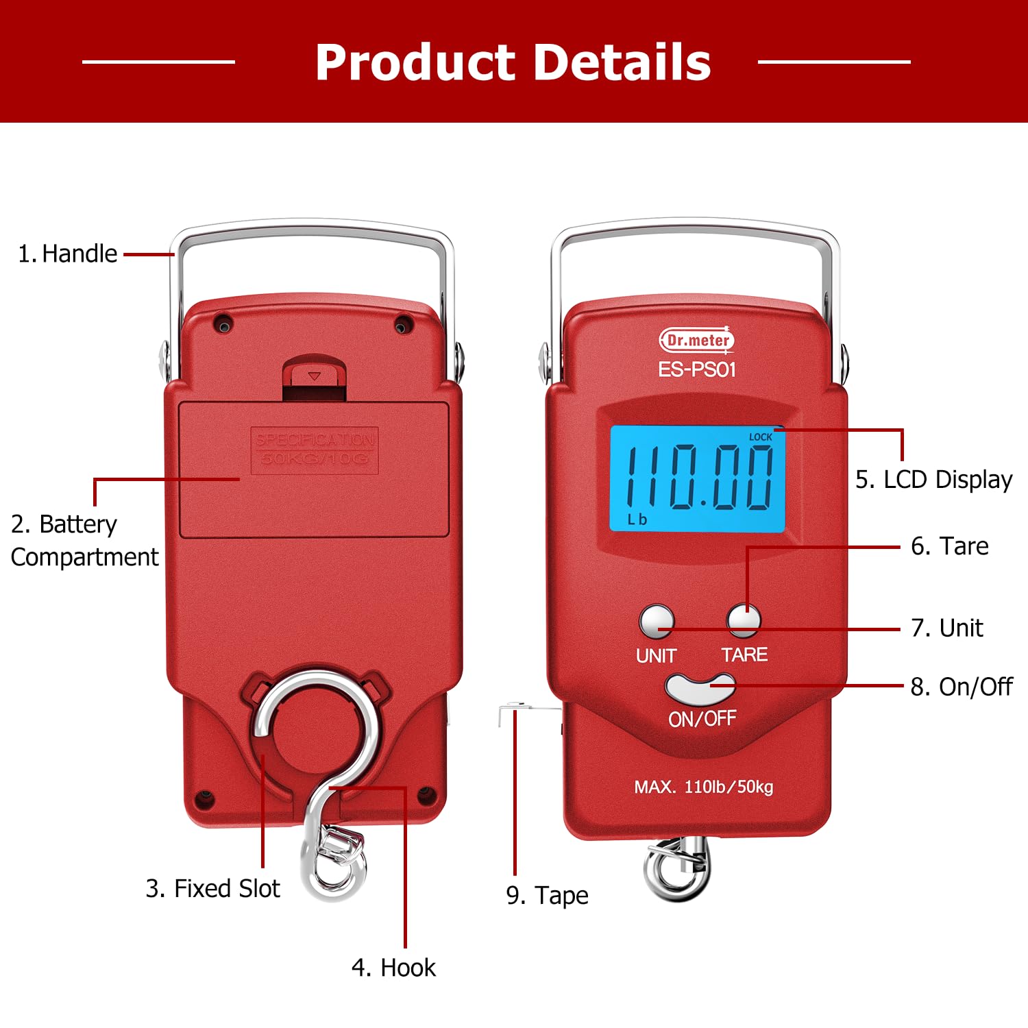 Pèse-poisson numérique Dr.meter – 50 kg / 110 lb avec ruban intégré