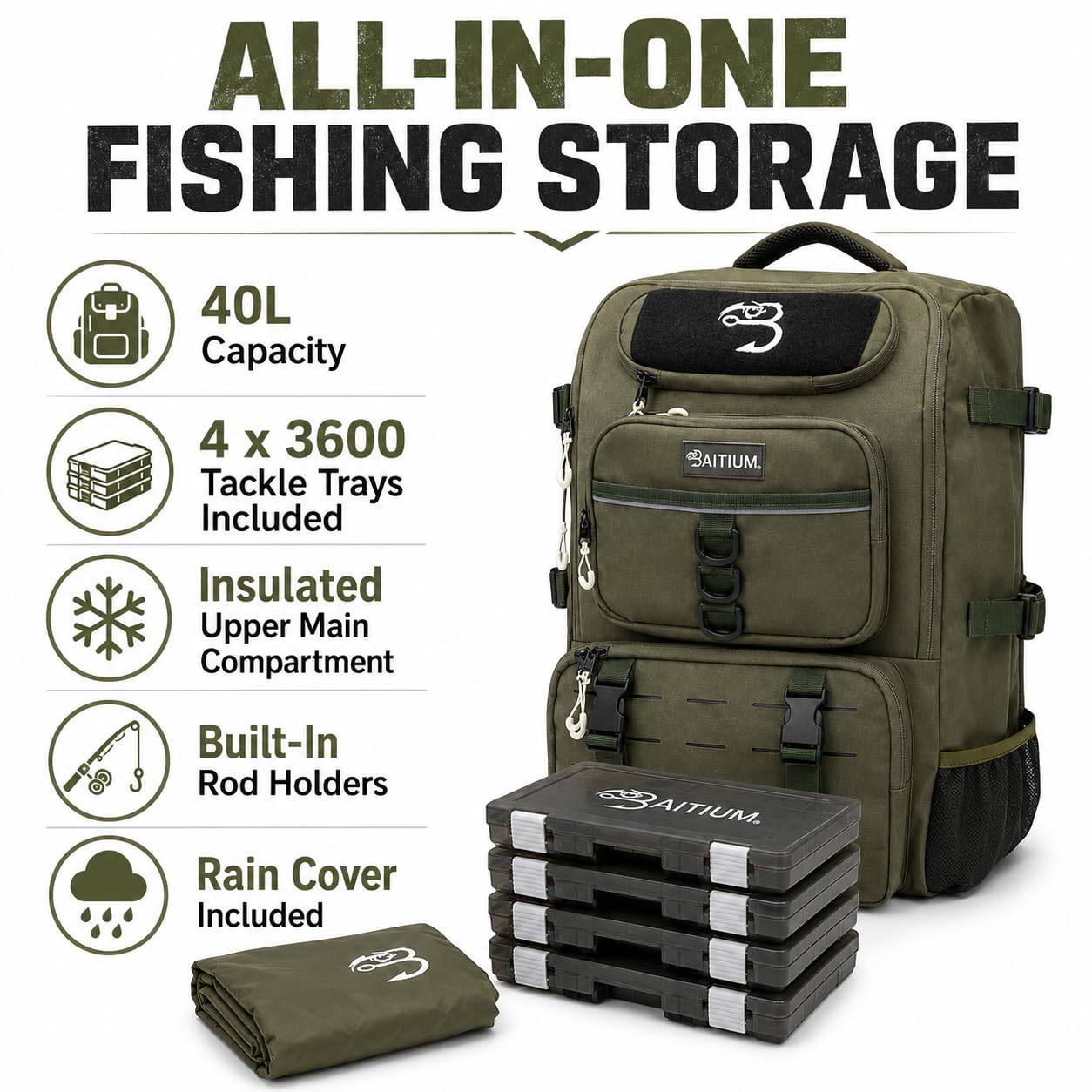 Baitium Sac à dos de pêche avec supports de canne, capacité de 40 l avec glacière, housse de pluie, poche isotherme, 4 plateaux de pêche inclus