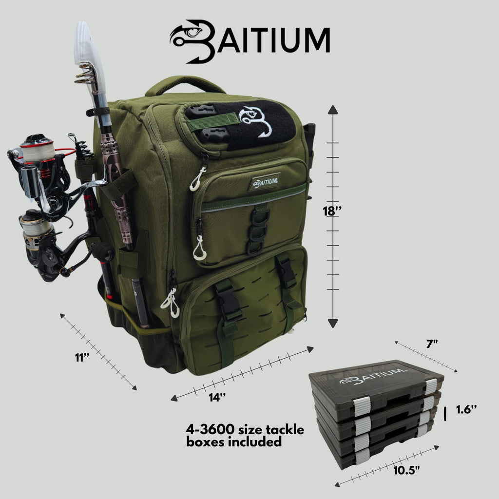 Baitium Sac à dos de pêche avec supports de canne, capacité de 40 l avec glacière, housse de pluie, poche isotherme, 4 plateaux de pêche inclus