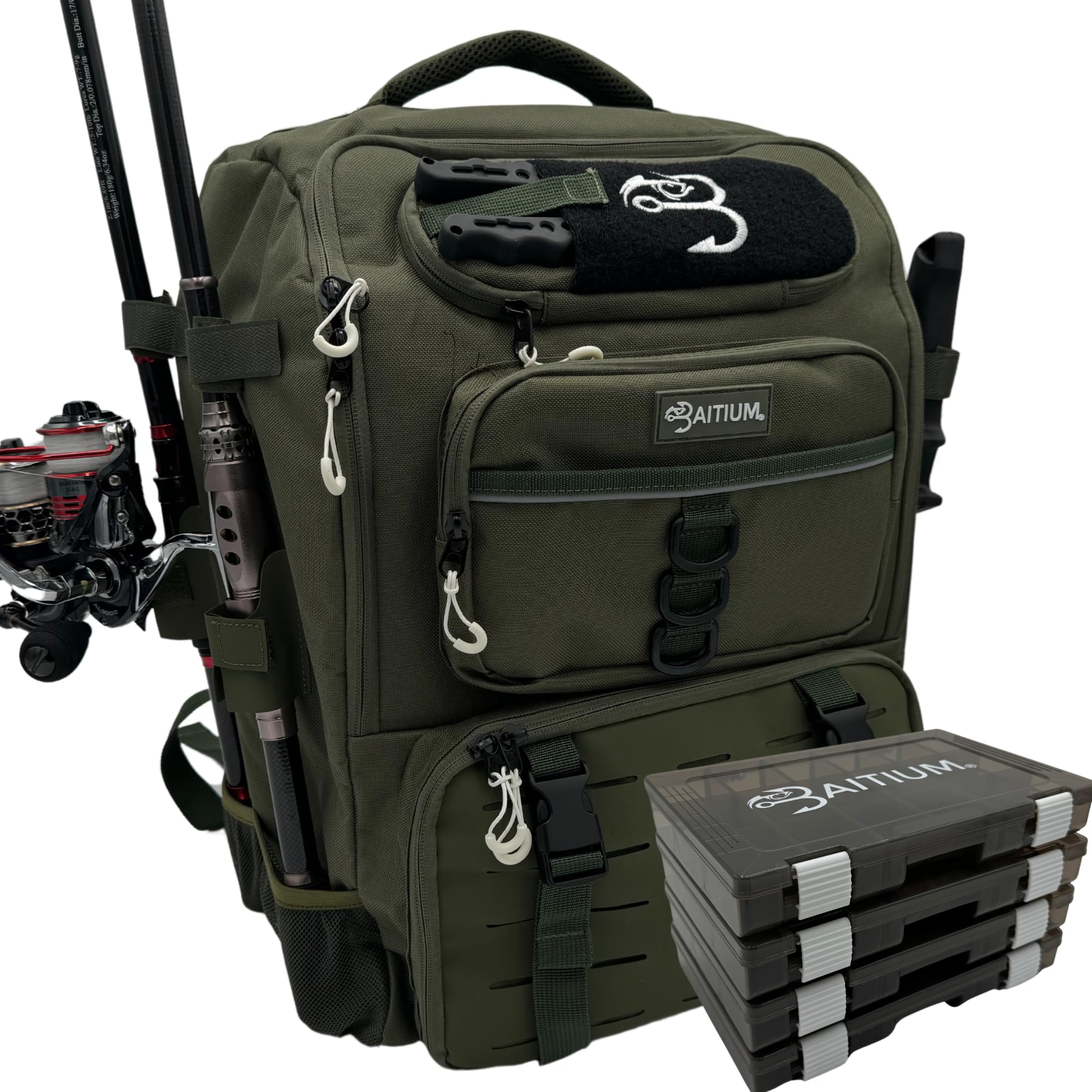 Baitium Sac à dos de pêche avec supports de canne, capacité de 40 l avec glacière, housse de pluie, poche isotherme, 4 plateaux de pêche inclus
