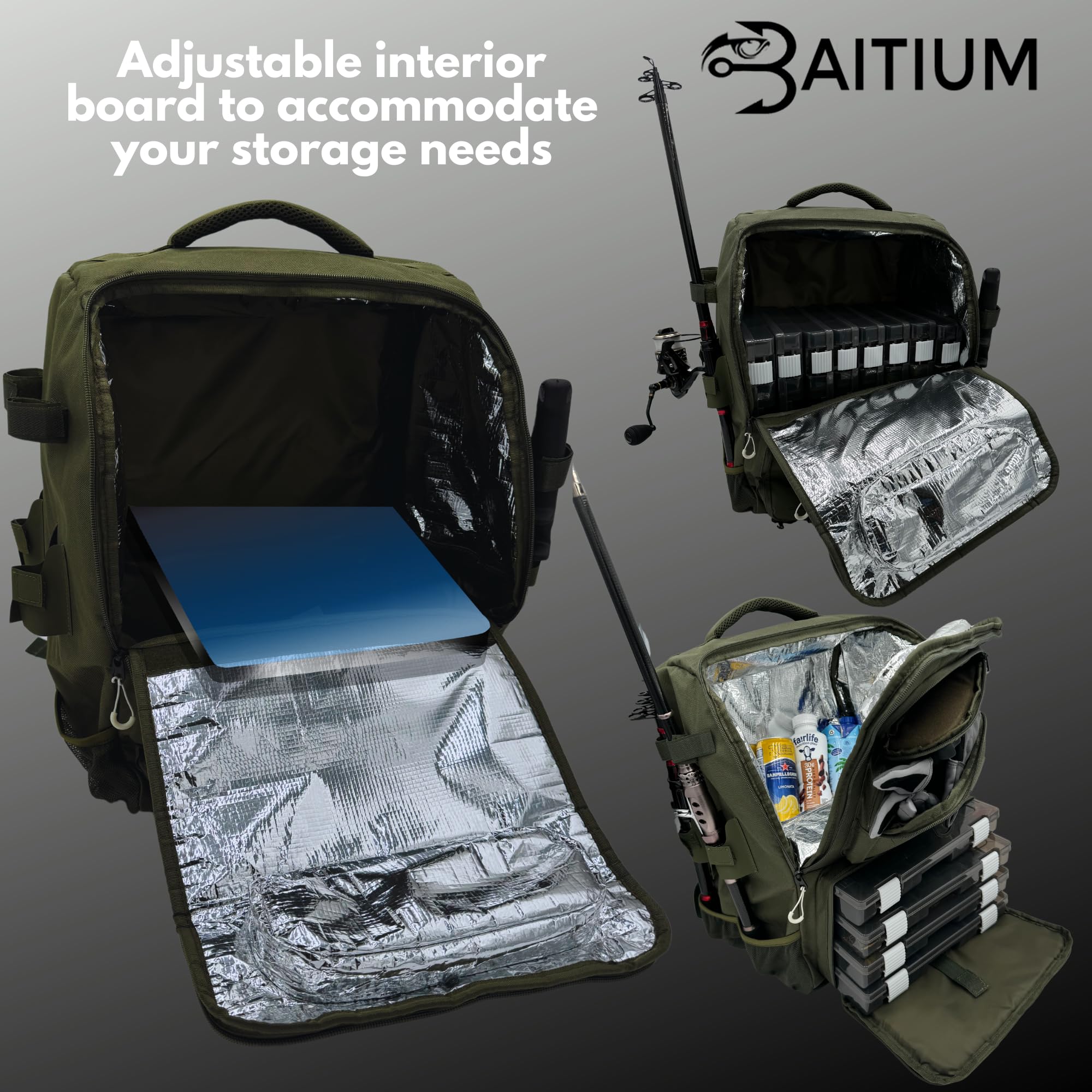 Baitium Sac à dos de pêche avec supports de canne, capacité de 40 l avec glacière, housse de pluie, poche isotherme, 4 plateaux de pêche inclus