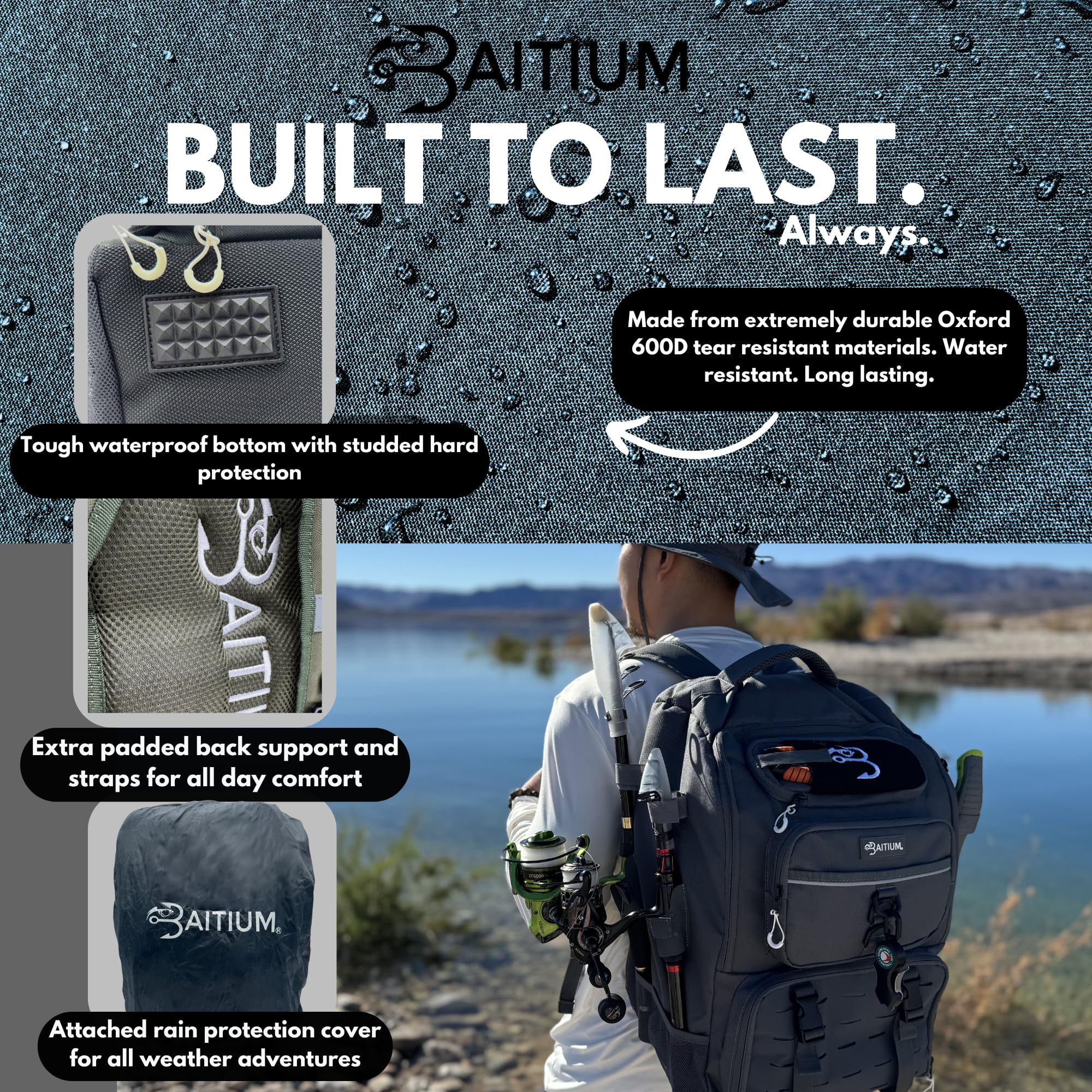 Baitium Sac à dos de pêche avec supports de canne, capacité de 40 l avec glacière, housse de pluie, poche isotherme, 4 plateaux de pêche inclus